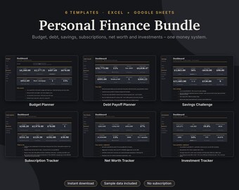 Personal Finance Spreadsheet Bundle Excel & Google Sheets, Budget Planner, Debt Payoff, Savings, Net Worth, Investments | Dark Mode