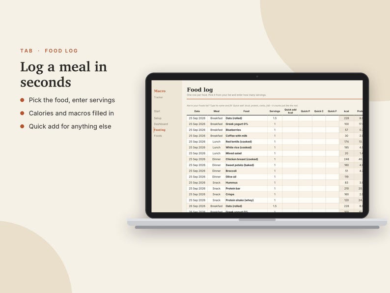 May include: A laptop screen displays a digital food log interface with columns for date, meal, food, servings, and nutritional macros. The text reads: TAB FOOD LOG Log a meal in seconds, Pick the food, enter servings, Calories and macros filled in, Quick add for anything else.