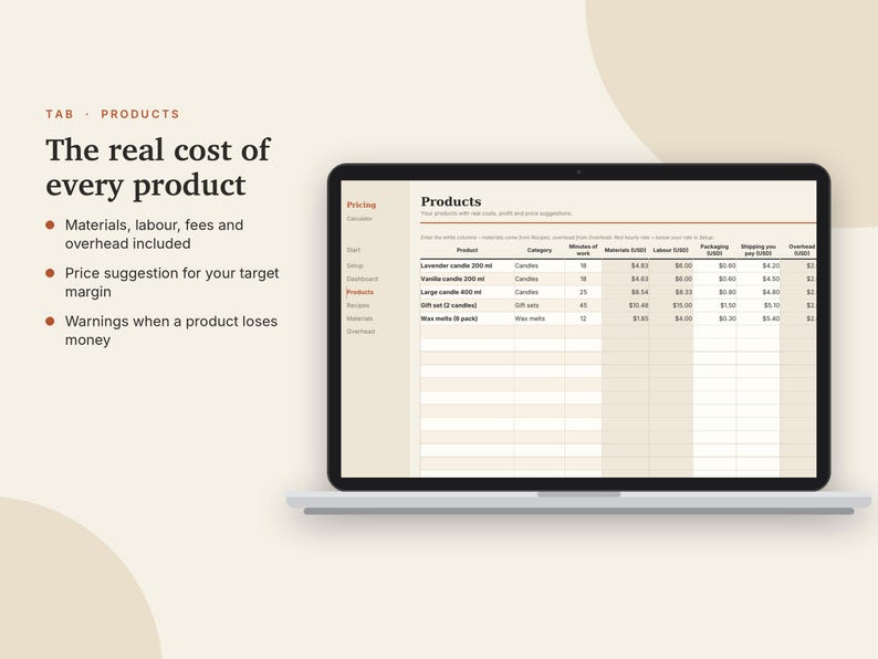 Calcolatore prezzi Excel e Fogli Google, Prezzi dei prodotti per venditori Etsy, Foglio di calcolo per il calcolo di costi e profitti per prodotti fatti a mano / Crema neutra immagine 5