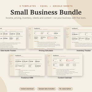 Small Business Spreadsheet Bundle Excel & Google Sheets, Income Expense Tracker, Pricing, Inventory, Client CRM, Content | Neutral Cream
