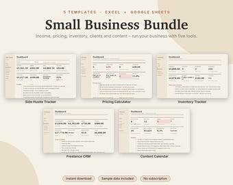 Small Business Spreadsheet Bundle Excel & Google Sheets, Income Expense Tracker, Pricing, Inventory, Client CRM, Content | Neutral Cream