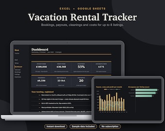 Vacation Rental Tracker Excel & Google Sheets for Airbnb + Vrbo Hosts, Booking Calendar, Occupancy + Profit | Dark Mode