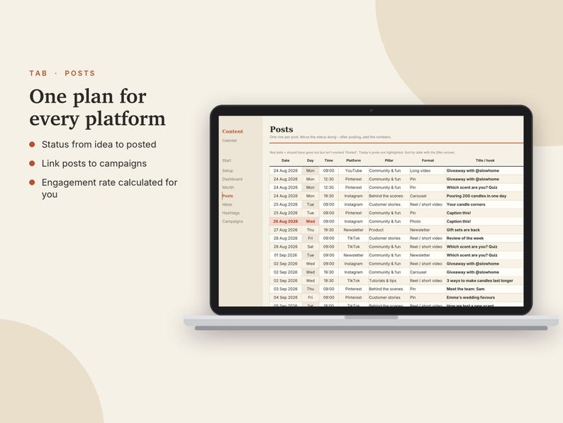 Content-Kalender (Excel & Google Sheets), Social-Media-Planer, Instagram- und TikTok-Post-Planer, Content-Tracker-Tabelle | Neutral Cream Bild 6