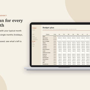 Budgetplanner voor Excel en Google Sheets, maandelijkse budgetspreadsheet, 50/30/20-budget, factuurtracker, sjabloon voor spaardoelen | Neutrale crèmekleur afbeelding 5