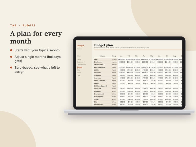 Budgetplanner voor Excel en Google Sheets, maandelijkse budgetspreadsheet, 50/30/20-budget, factuurtracker, sjabloon voor spaardoelen | Neutrale crèmekleur afbeelding 5
