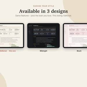 K&ouml;nnte beinhalten: Drei digitale Tablet-Bildschirme mit einer Dashboard-Oberfl&auml;che in den Farbthemen Editorial, Midnight und Blush. Der Text lautet Available in 3 designs, Dashboard, und zeigt Finanzdaten wie $32,775.00 und $4,838.47 an.