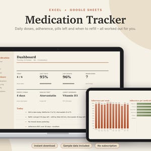 Medication Tracker Excel & Google Sheets, Pill Log, Daily Medicine Schedule, Refill Reminder, Health Tracker | Neutral Cream