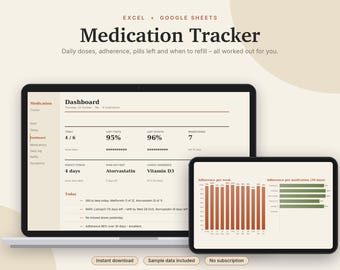 Läkemedelsspårare i Excel och Google Sheets, pillerlogg, dagligt medicinschema, påfyllningspåminnelse, hälsospårare | Neutral Cream