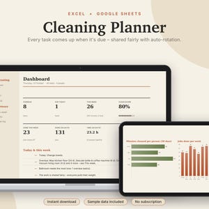 Cleaning Schedule Excel & Google Sheets, Chore Chart with Rotation, Family Chore Tracker, Weekly Cleaning Checklist | Neutral Cream image 1