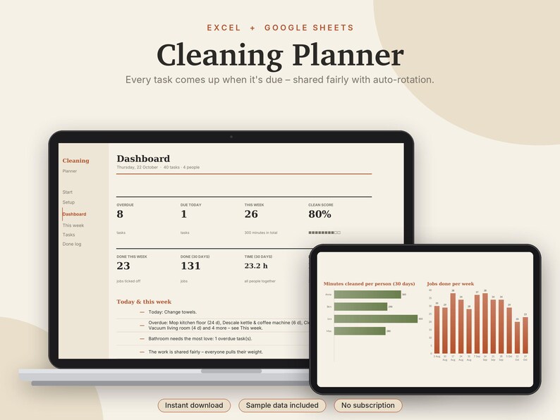 Cleaning Schedule Excel & Google Sheets, Chore Chart with Rotation, Family Chore Tracker, Weekly Cleaning Checklist | Neutral Cream image 1