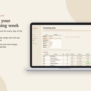 K&ouml;nnte beinhalten: Ein Laptop-Bildschirm zeigt eine digitale Trainingsplan-Oberfl&auml;che mit einem Wochenplan, &Uuml;bungslisten, S&auml;tzen, Wiederholungsbereichen und Gewichtszielen. Der Text lautet: TAB PLAN, Plan your training week, A workout for every day of the week, Sets, rep range and rest per exercise, Last time and next target, automatically.
