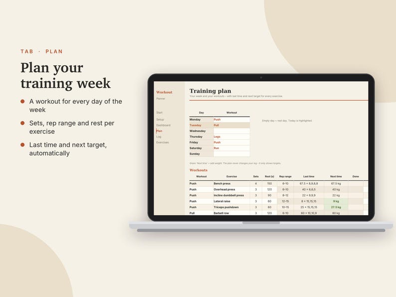 K&ouml;nnte beinhalten: Ein Laptop-Bildschirm zeigt eine digitale Trainingsplan-Oberfl&auml;che mit einem Wochenplan, &Uuml;bungslisten, S&auml;tzen, Wiederholungsbereichen und Gewichtszielen. Der Text lautet: TAB PLAN, Plan your training week, A workout for every day of the week, Sets, rep range and rest per exercise, Last time and next target, automatically.