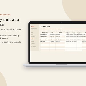 Rastreador de propiedades de alquiler en Excel y Google Sheets, hoja de cálculo para propietarios, lista de alquileres, ingresos y gastos de alquiler, resumen de impuestos / Neutral Cream imagen 6