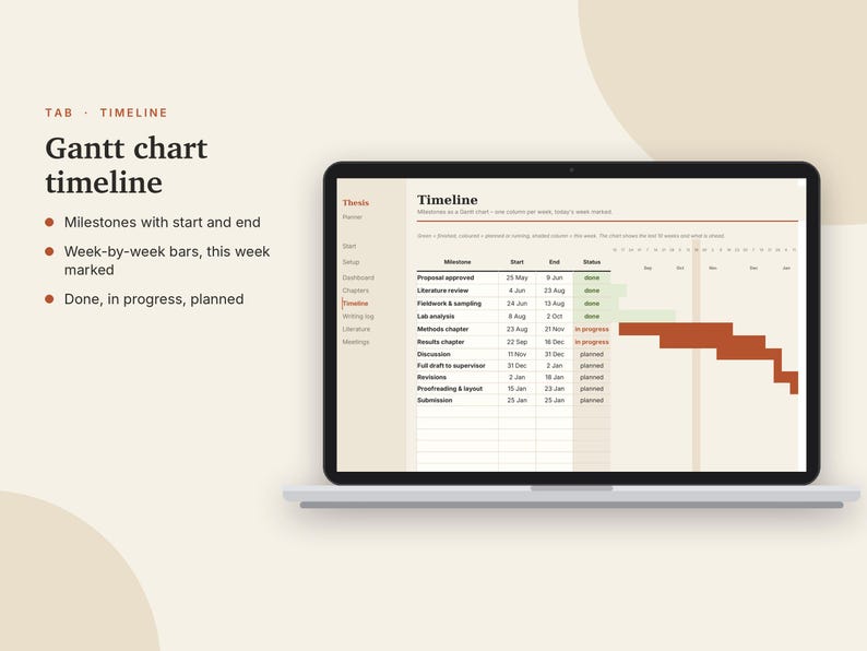 Thesis Planner Excel & Google Sheets, Dissertation Tracker, Word Count Tracker, PhD + Master Thesis Timeline, Gantt Chart | Neutral Cream image 5