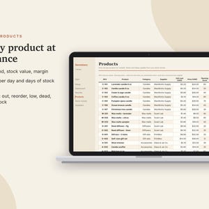 May include: A laptop screen displays an inventory management software interface titled Products, featuring a table with columns for SKU, product name, category, supplier, unit cost, price, opening stock, and location, alongside text Every product at a glance.