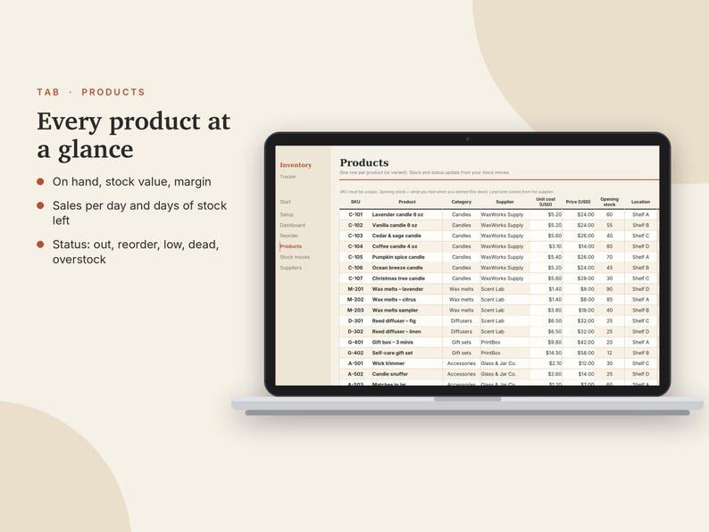 May include: A laptop screen displays an inventory management software interface titled Products, featuring a table with columns for SKU, product name, category, supplier, unit cost, price, opening stock, and location, alongside text Every product at a glance.