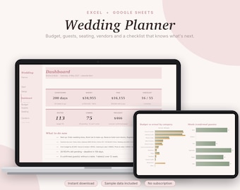 Wedding Planner Excel & Google Sheets, Wedding Budget, Guest List + RSVP Tracker, Seating Chart, Checklist + Vendor Tracker | Pink Aesthetic