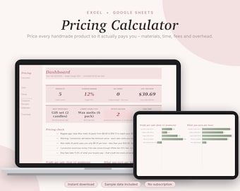 Pricing Calculator Excel & Google Sheets, Etsy Seller Product Pricing, Handmade Cost + Profit Calculator Spreadsheet | Pink Aesthetic