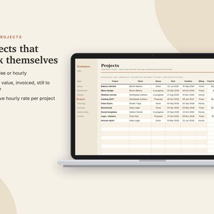 K&ouml;nnte beinhalten: Ein Laptop-Bildschirm zeigt ein Projektmanagement-Dashboard mit einer Tabelle namens Projects. Die Benutzeroberfl&auml;che enth&auml;lt Spalten f&uuml;r Projektname, Kunde, Status, Daten, Abrechnungsart, Festpreis in USD und Stunden. Der Text links lautet Projects that track themselves.
