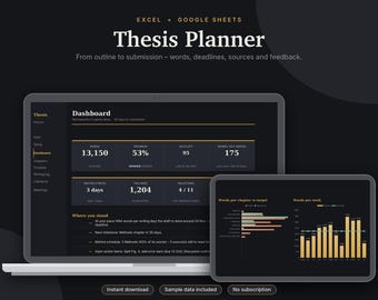Dissertationsplaner (Excel & Google Sheets), Dissertations-Tracker, Wortzähler, Zeitplan für Doktor- und Masterarbeiten, Gantt-Diagramm | Dunkelmodus