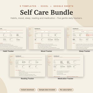 Self Care Spreadsheet Bundle Excel & Google Sheets, Habit Tracker, Mood Tracker, Sleep Log, Reading + Medication Tracker | Neutral Cream