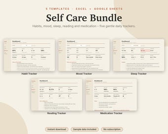 Self Care Spreadsheet Bundle Excel & Google Sheets, Habit Tracker, Mood Tracker, Sleep Log, Reading + Medication Tracker | Neutral Cream