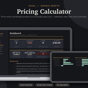 Pricing Calculator Excel & Google Sheets, Etsy Seller Product Pricing, Handmade Cost + Profit Calculator Spreadsheet | Dark Mode
