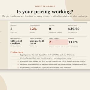 Calcolatore prezzi Excel e Fogli Google, Prezzi dei prodotti per venditori Etsy, Foglio di calcolo per il calcolo di costi e profitti per prodotti fatti a mano / Crema neutra immagine 2