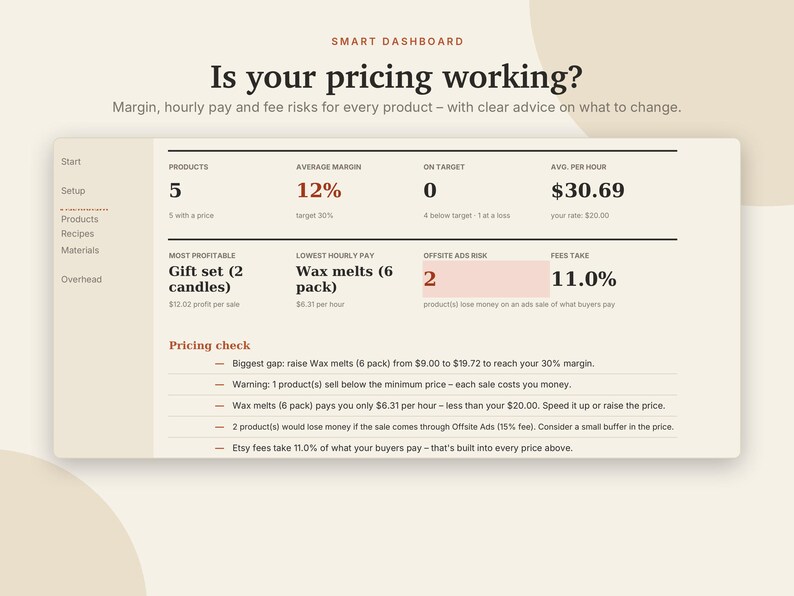 Calcolatore prezzi Excel e Fogli Google, Prezzi dei prodotti per venditori Etsy, Foglio di calcolo per il calcolo di costi e profitti per prodotti fatti a mano / Crema neutra immagine 2