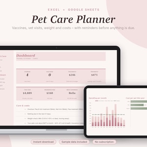 Pet Care Planner Excel & Google Sheets, Dog + Cat Health Record, Vaccination Tracker, Vet Log, Pet Expense Tracker | Pink Aesthetic