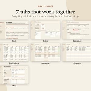 May include: A digital job search tracker template featuring seven distinct tabs labeled Welcome, Setup, Dashboard, Applications, Interviews, Contacts, and Offers. The interface displays organized tables, data charts, and text instructions on a light beige background.