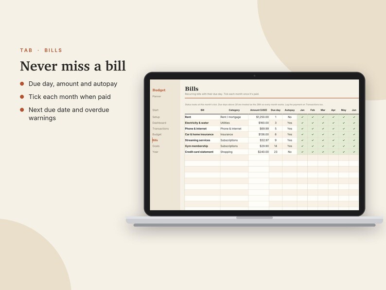 Budgetplanner voor Excel en Google Sheets, maandelijkse budgetspreadsheet, 50/30/20-budget, factuurtracker, sjabloon voor spaardoelen | Neutrale crèmekleur afbeelding 6