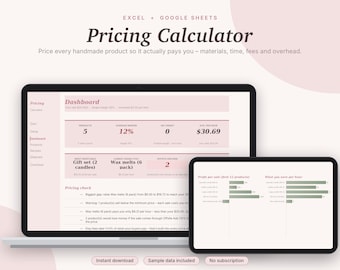 Pricing Calculator Excel & Google Sheets, Etsy Seller Product Pricing, Handmade Cost + Profit Calculator Spreadsheet | Pink Aesthetic