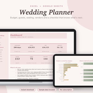 Wedding Planner Excel & Google Sheets, Wedding Budget, Guest List + RSVP Tracker, Seating Chart, Checklist + Vendor Tracker | Pink Aesthetic