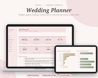 Hochzeitsplanung mit Excel- und Google-Tabellen, Hochzeitsbudget, Gästeliste + RSVP-Tracker, Sitzplan, Checkliste + Dienstleister-Tracker | Rosa Ästhetik