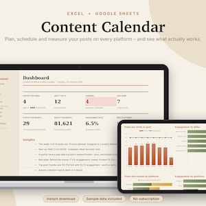 Content-Kalender (Excel & Google Sheets), Social-Media-Planer, Instagram- und TikTok-Post-Planer, Content-Tracker-Tabelle | Neutral Cream Bild 1