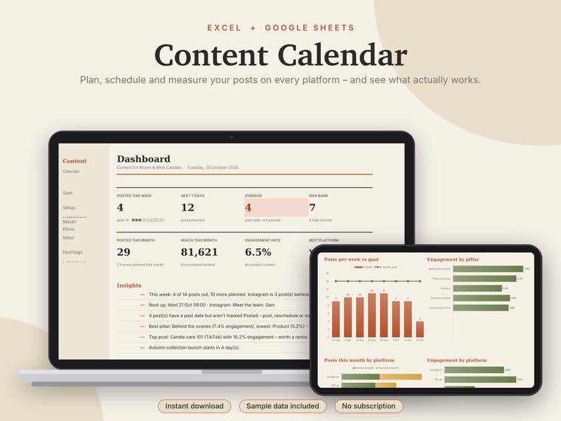 Content-Kalender (Excel & Google Sheets), Social-Media-Planer, Instagram- und TikTok-Post-Planer, Content-Tracker-Tabelle | Neutral Cream Bild 1
