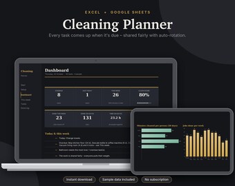 Cleaning Schedule Excel & Google Sheets, Chore Chart with Rotation, Family Chore Tracker, Weekly Cleaning Checklist | Dark Mode
