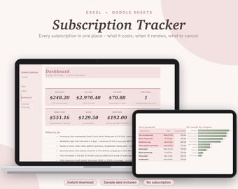Subscription Tracker Excel & Google Sheets, Recurring Payment + Bill Tracker, Free Trial + Renewal Reminder, Budget Sheet | Pink Aesthetic