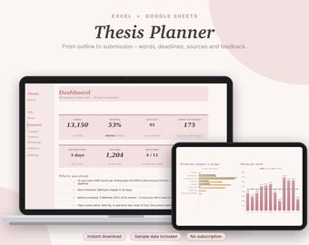 Dissertationsplaner (Excel & Google Sheets), Dissertations-Tracker, Wortzähler, Zeitplan für Doktor- und Masterarbeiten, Gantt-Diagramm | Pinkes Design