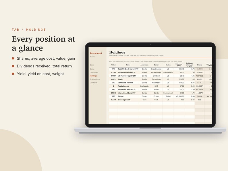 Investment Tracker Excel & Google Sheets, Dividend Tracker, Stock Portfolio Tracker, ETF + Asset Allocation, Rebalancing | Neutral Cream image 5