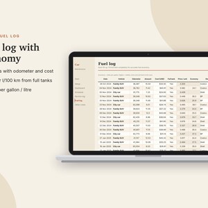 May include: A laptop screen displaying a digital fuel log spreadsheet with columns for date, vehicle, odometer, fuel amount, cost, full tank status, price per unit, economy, and station. The text reads Fuel log with economy.