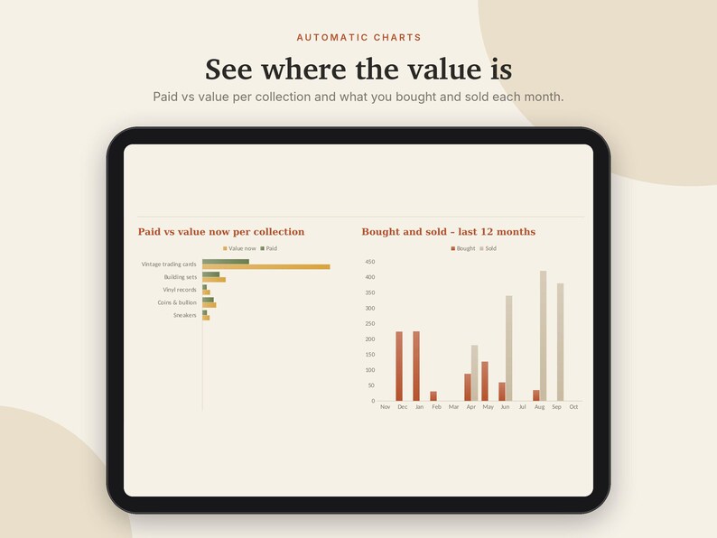 Registro di valutazione della collezione in Excel e Fogli Google, Inventario delle carte collezionabili, Monete, Dischi in vinile + Collezione di scarpe da ginnastica / Crema neutra immagine 3