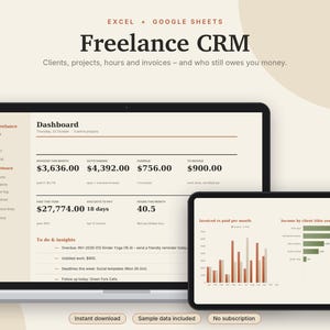 Freelance CRM Excel & Google Sheets, Client Tracker, Invoice Template + Tracker, Project + Time Tracker, Small Business | Neutral Cream