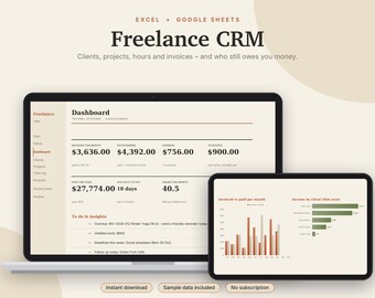 Frilansande CRM Excel och Google Sheets, klientspårning, fakturamall + spårning, projekt + tidsspårning, småföretag | Neutral Cream