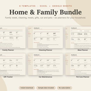 Home & Family Planner Bundle Excel + Google Sheets, Family Calendar, Cleaning Schedule, Meal Plan, Gifts, Car + Pet Care | Neutral Cream