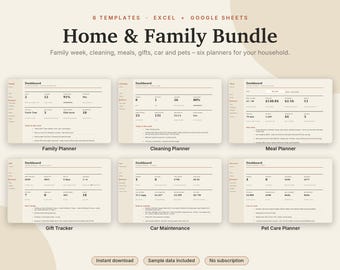 Home & Family Planner Bundle Excel + Google Sheets, Family Calendar, Cleaning Schedule, Meal Plan, Gifts, Car + Pet Care | Neutral Cream