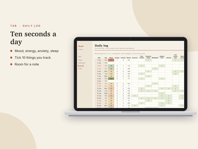 Mood Tracker Excel & Google Sheets, Year in Pixels, Mental Health Journal, Daily Mood + Anxiety Log, Self Care Tracker | Neutral Cream image 6