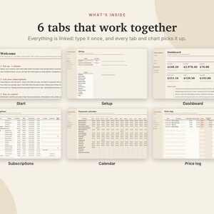 K&ouml;nnte beinhalten: Eine digitale Tabellenvorlage mit sechs miteinander verbundenen Reitern namens Welcome, Setup, Dashboard, Subscriptions, Payment calendar und Price log. Die Oberfl&auml;che zeigt Finanzdaten, Diagramme und Text an.