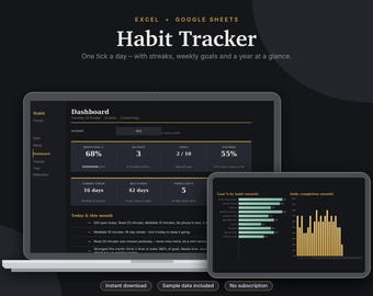 Habit Tracker Excel & Google Sheets, Daily Habit Tracker with Streaks, Monthly + Yearly Goal Tracker, Routine Planner | Dark Mode